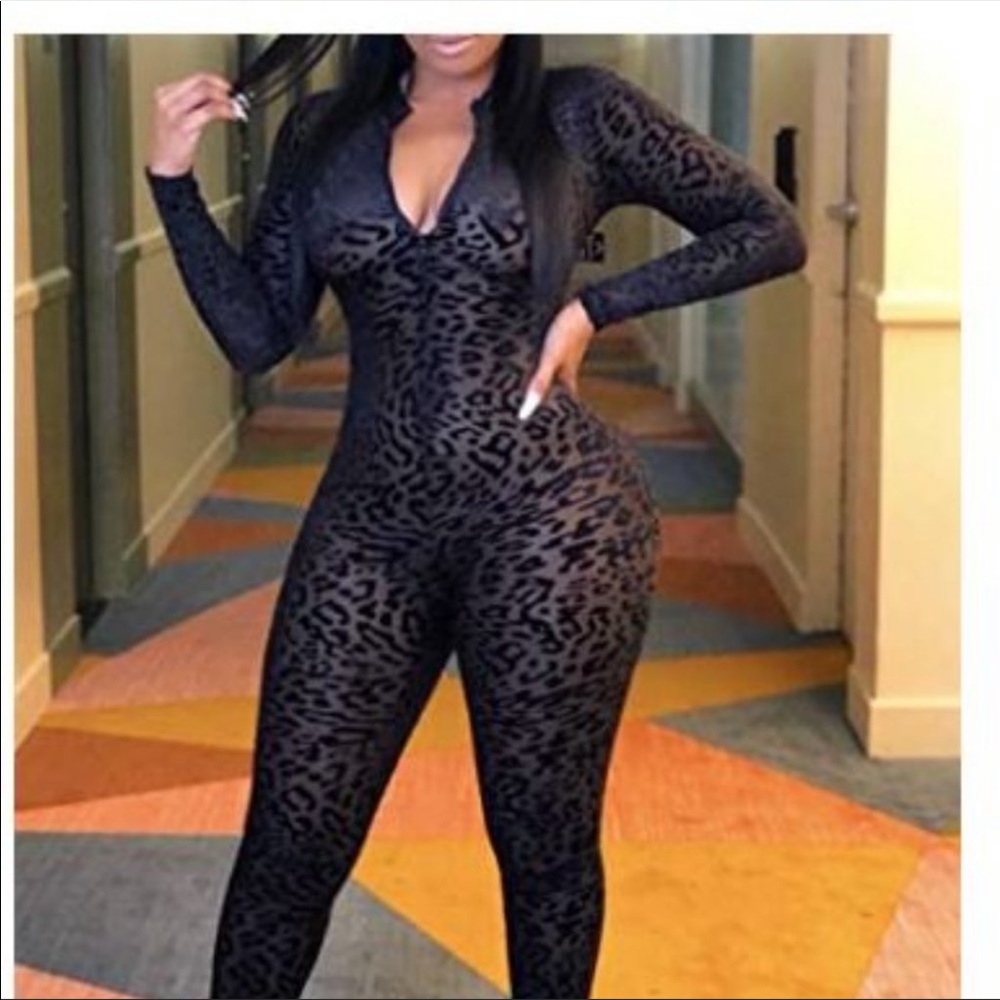 Black Mesh Long Sleeve Leopard Print Jumpsuit